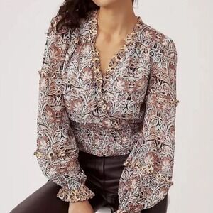 New By Anthropologie Tan Mint Green Surplice Smocked Waist Blouse Top Sz X-Small